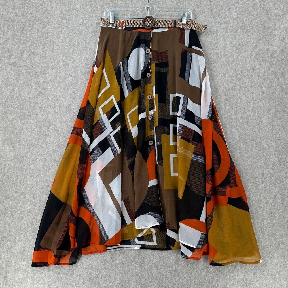 NWT Versona Colorful Geometric Button Midi Skirt LARGE Half-Slip Chiffon Flare